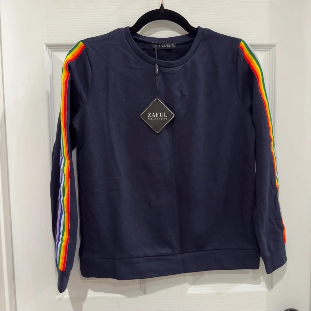 Navy Blue Pullover Sweatshirt with Rainbow Striped Ribbon Panels on the Arms NWT - Picture 5 of 14